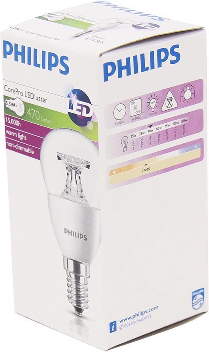 Philips LED kogel 5,5-40W E14 827 P45 helder - Wit