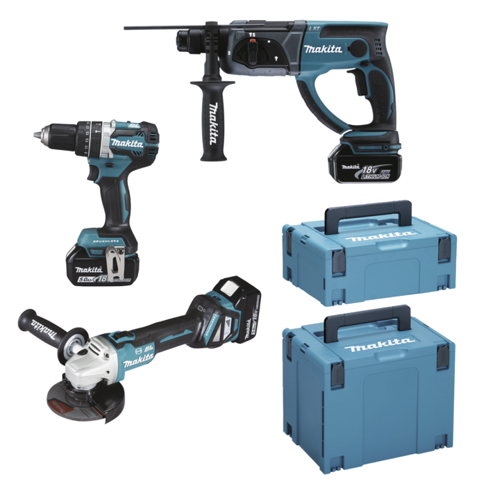 Makita DLX3093TJ 18V LXT 3 delige set: DGA513 Haakse slijper + DHP484 (Klop)boormachine + DHR202 Boorhamer met 3 x 5.0Ah accu&apos;s