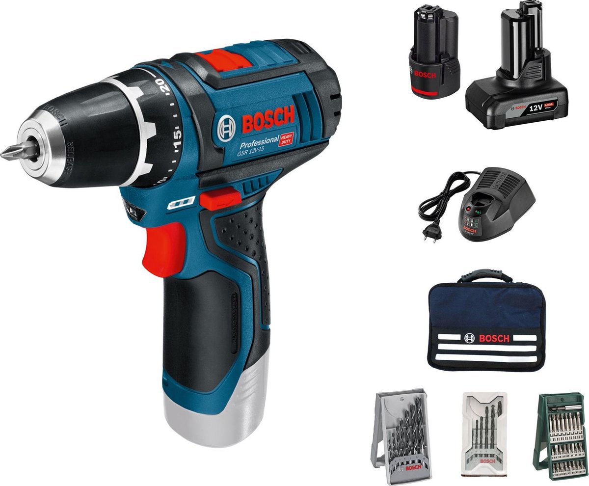 Bosch GSR 12V-15 accuboorschroevendraaier | 12v 2.0Ah + 4.0Ah accu | + 39 accessoires - Blauw