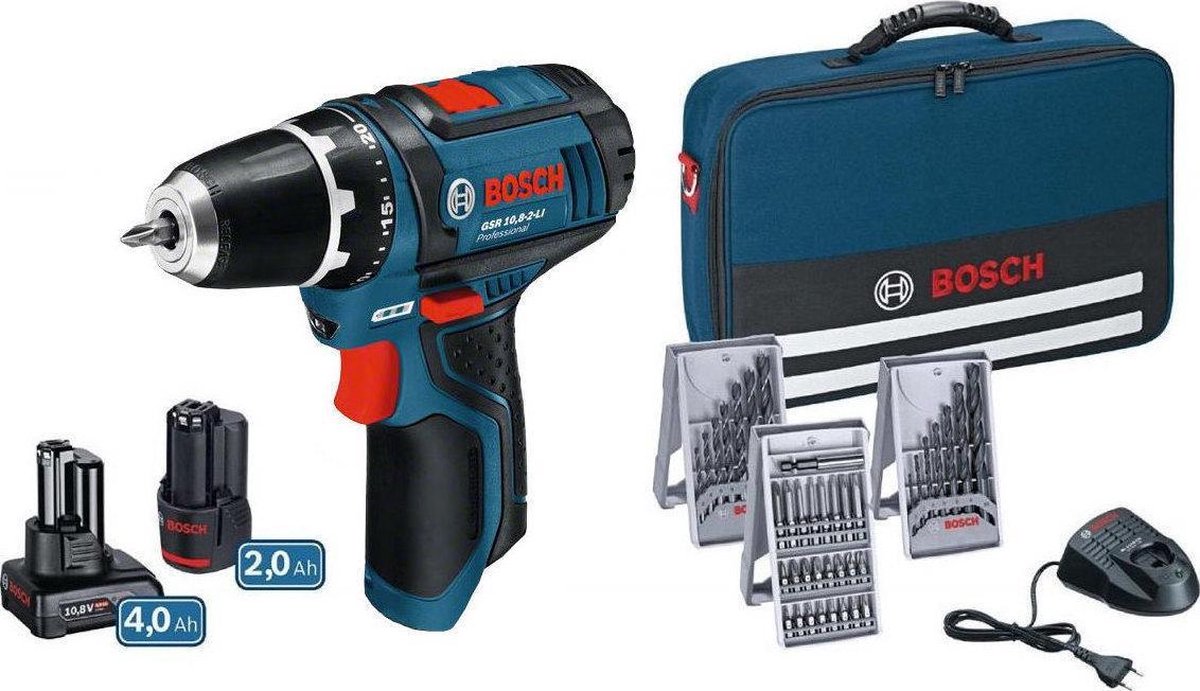 Bosch GSR 12V-15 accuboorschroevendraaier | 12v 2.0Ah + 4.0Ah accu | + 39 accessoires - Blauw