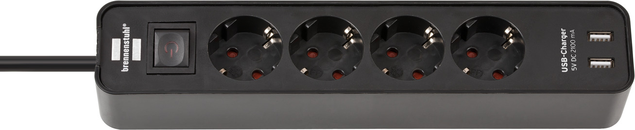 Brennenstuhl ecolor stekkerdoos 4-voudig met 2 USB-laadbussen (stekkerdoos USB met schakelaar en 1,5 m kabel) - Zwart