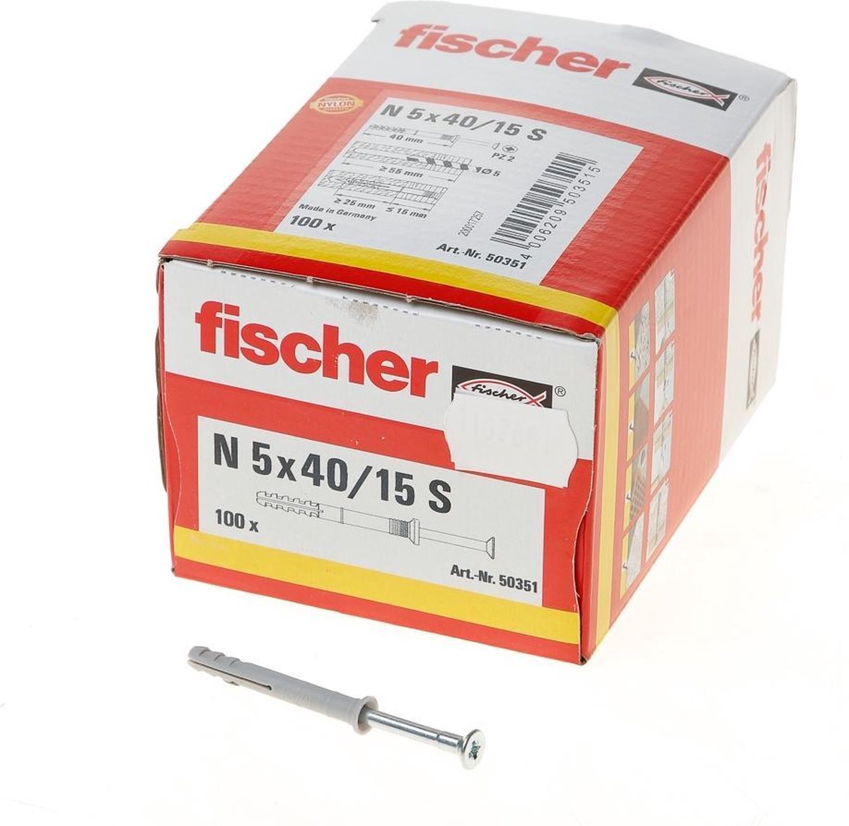 Fischer N 5X40/15 S NAGELPLUG 100 St - Grijs