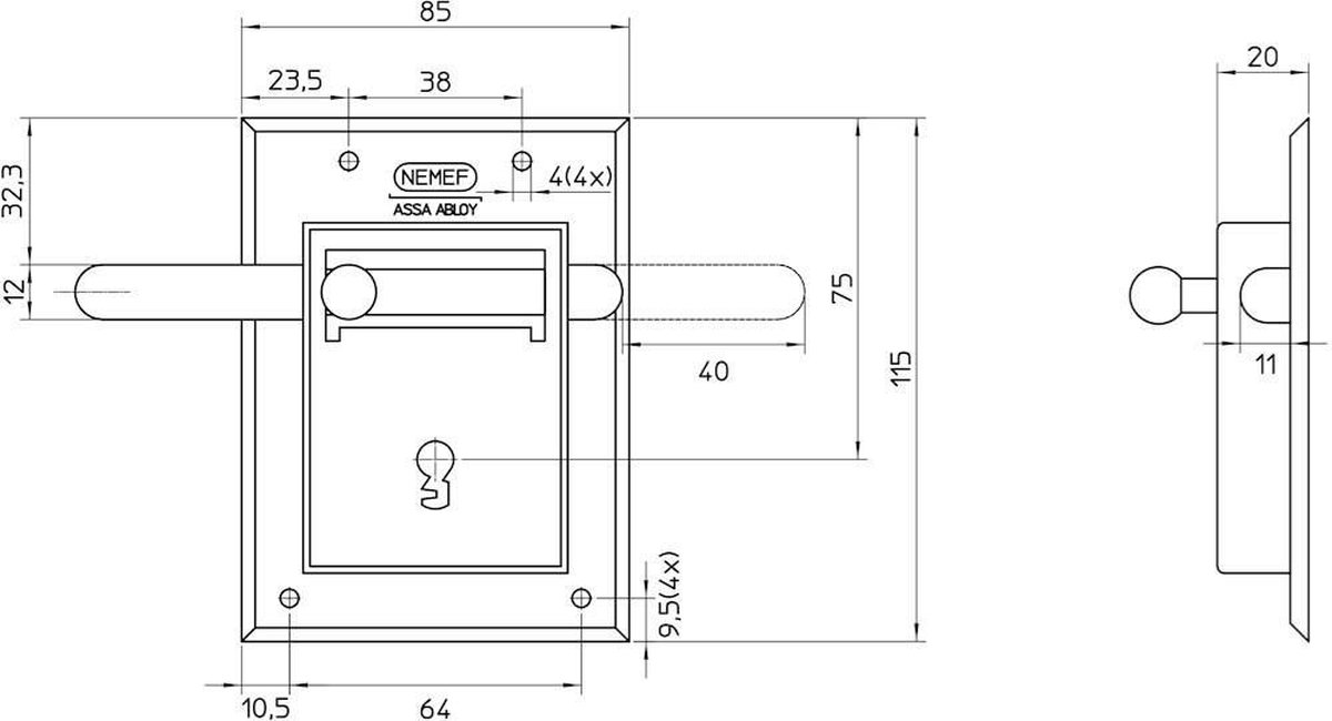 Nemef 98/12, Opleg Grendelslot, Klaviersleutel, Slotkast Staal Verzink - 9009812000