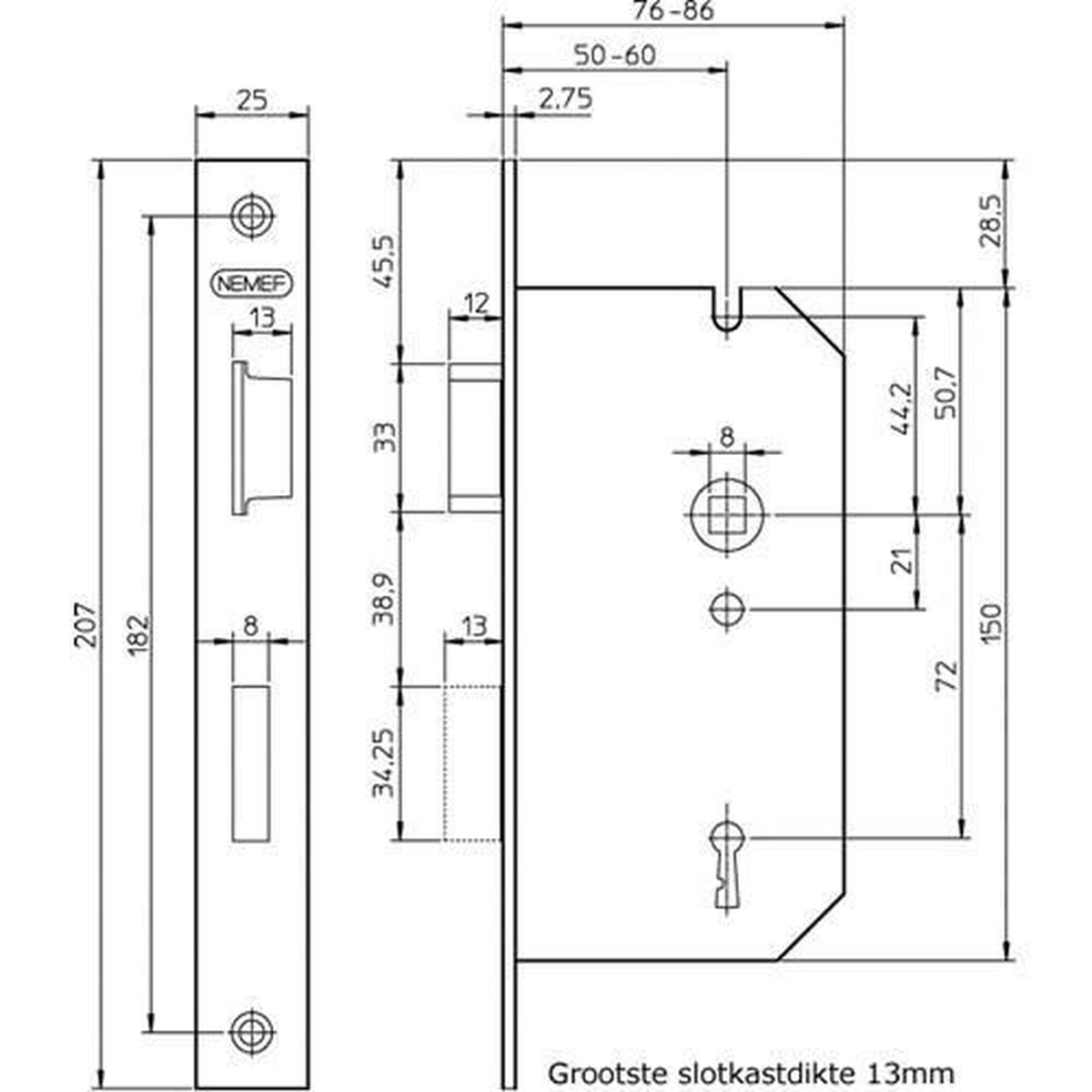 Nemef 66/2-50 Dr.1+3 Per 5,Deurslot, Dm50Mm, S72Mm, Krukgat 8Mm, Voorplaat S - 9006602501