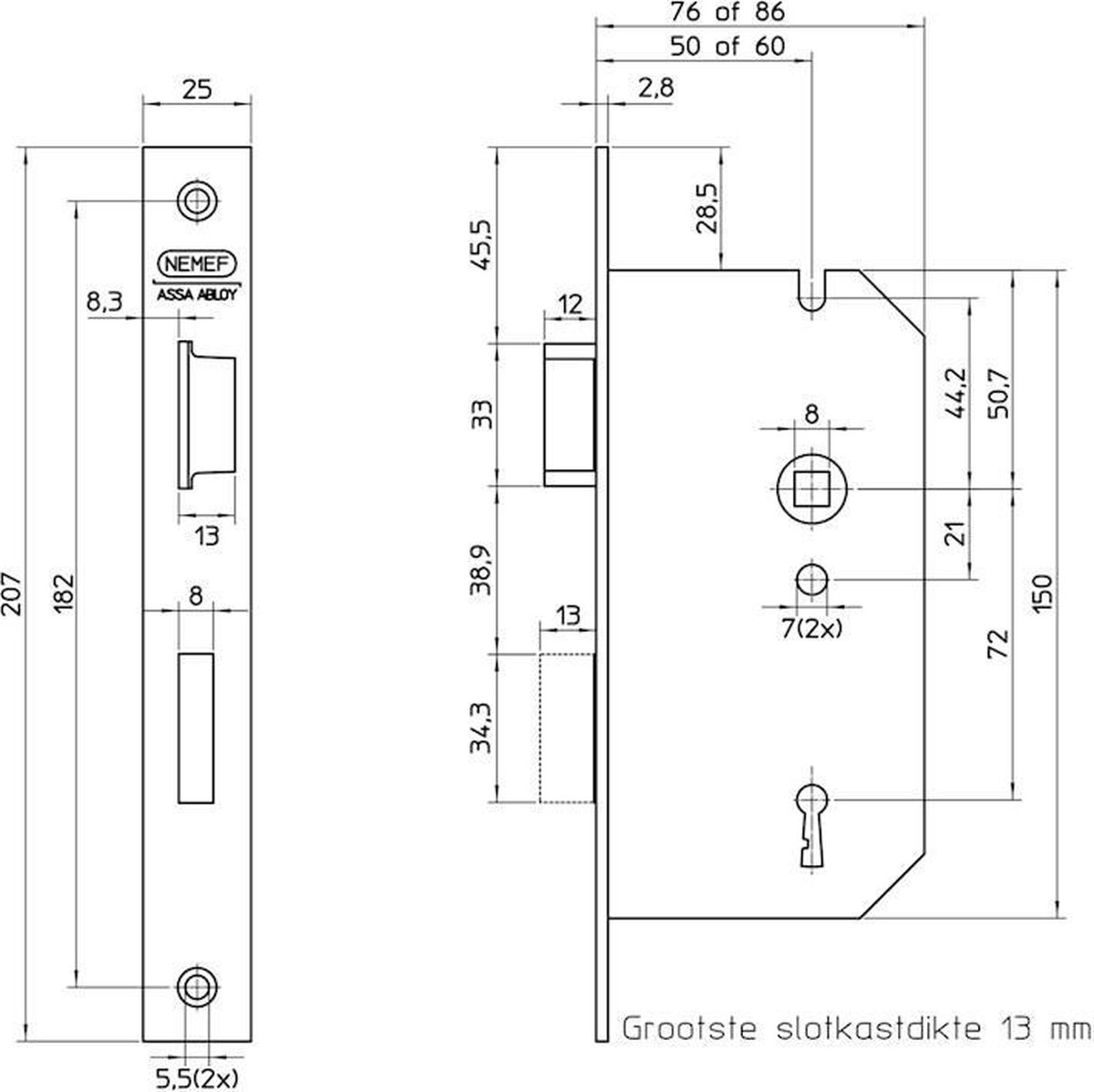 Nemef 66/2-50 Dr.1+3 Per 5,Deurslot, Dm50Mm, S72Mm, Krukgat 8Mm, Voorplaat S - 9006602501