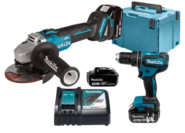 Makita DLX2334J 18v Combiset - DHP485Z Klopboor- en schroefmachine + DGA504Z Haakse slijper 3,0 Ah accu (3 st),snellader, Mbox