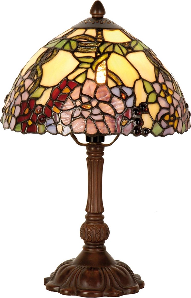Clayre & Eef Tafellamp tiffany - Ø 22*32 cm e14/max 1*40w - meerkleurig - glas in lood - bloemen - lumilamp - 5LL-1103 - Bruin