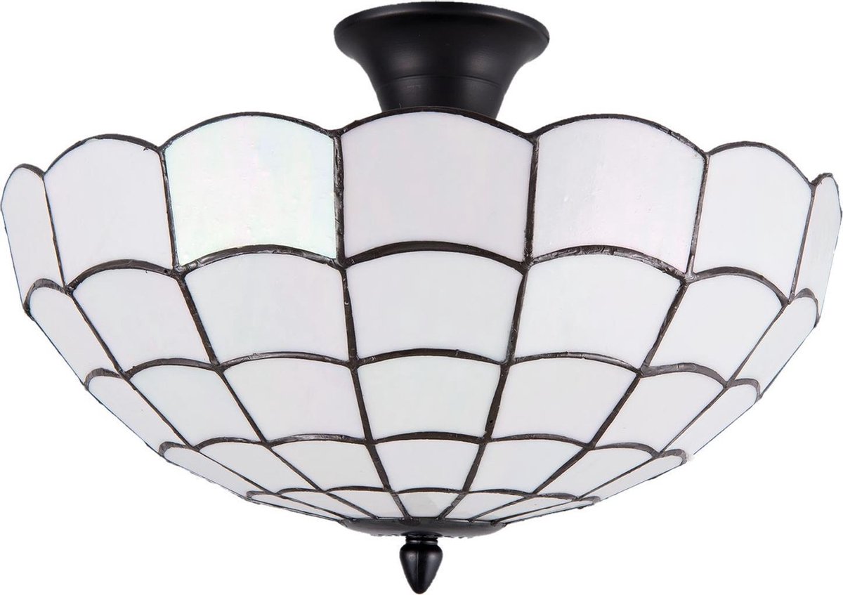 Clayre & Eef Plafondlamp tiffany - Ø 40*30 cm e14/max 2*40w - wit - metaal / glas - art deco - lumilamp - 5LL-5932