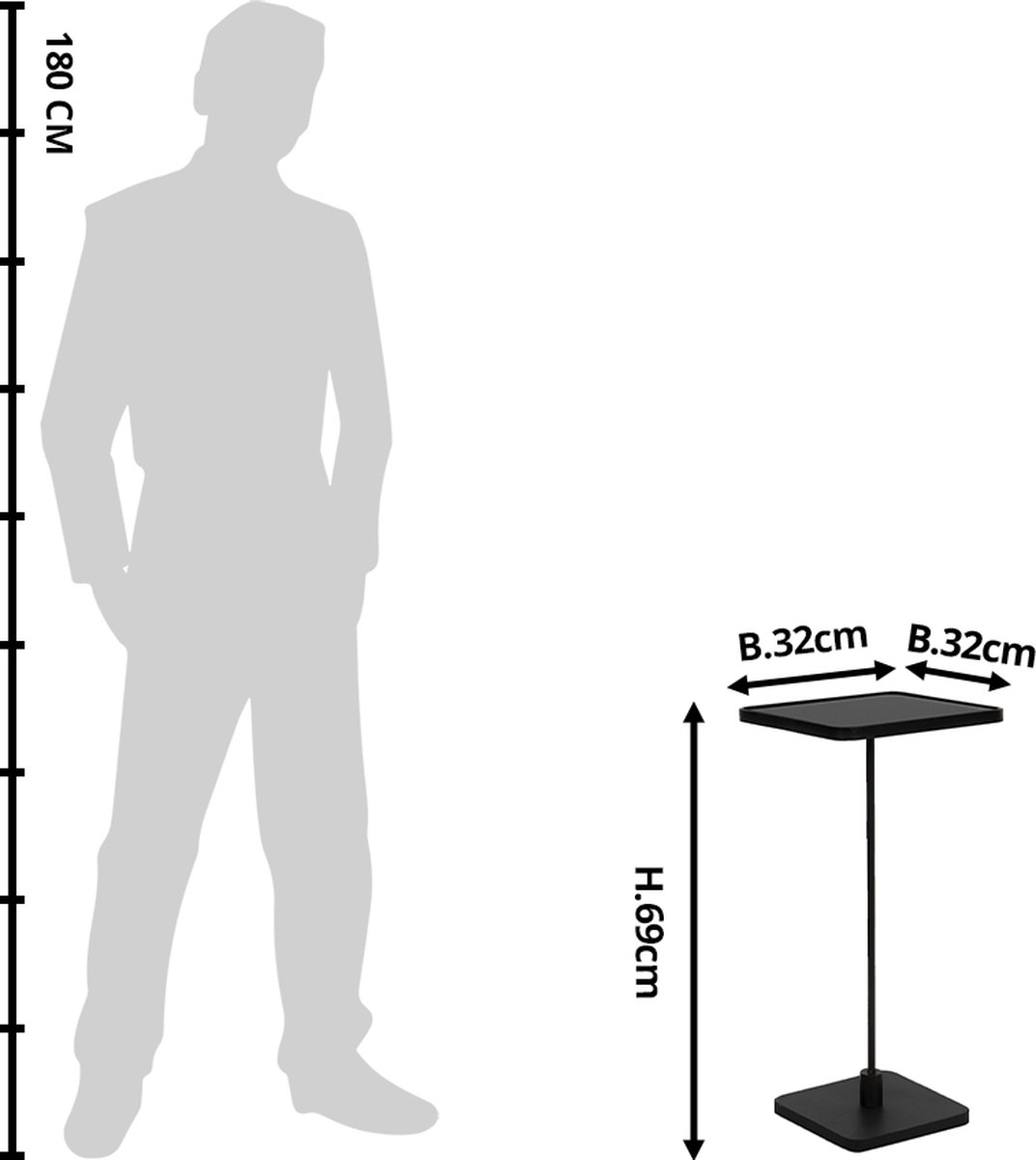 Clayre & Eef Bijzettafel - 32*32*69 cm ijzer - vierkant - - 5Y0830 - Zwart