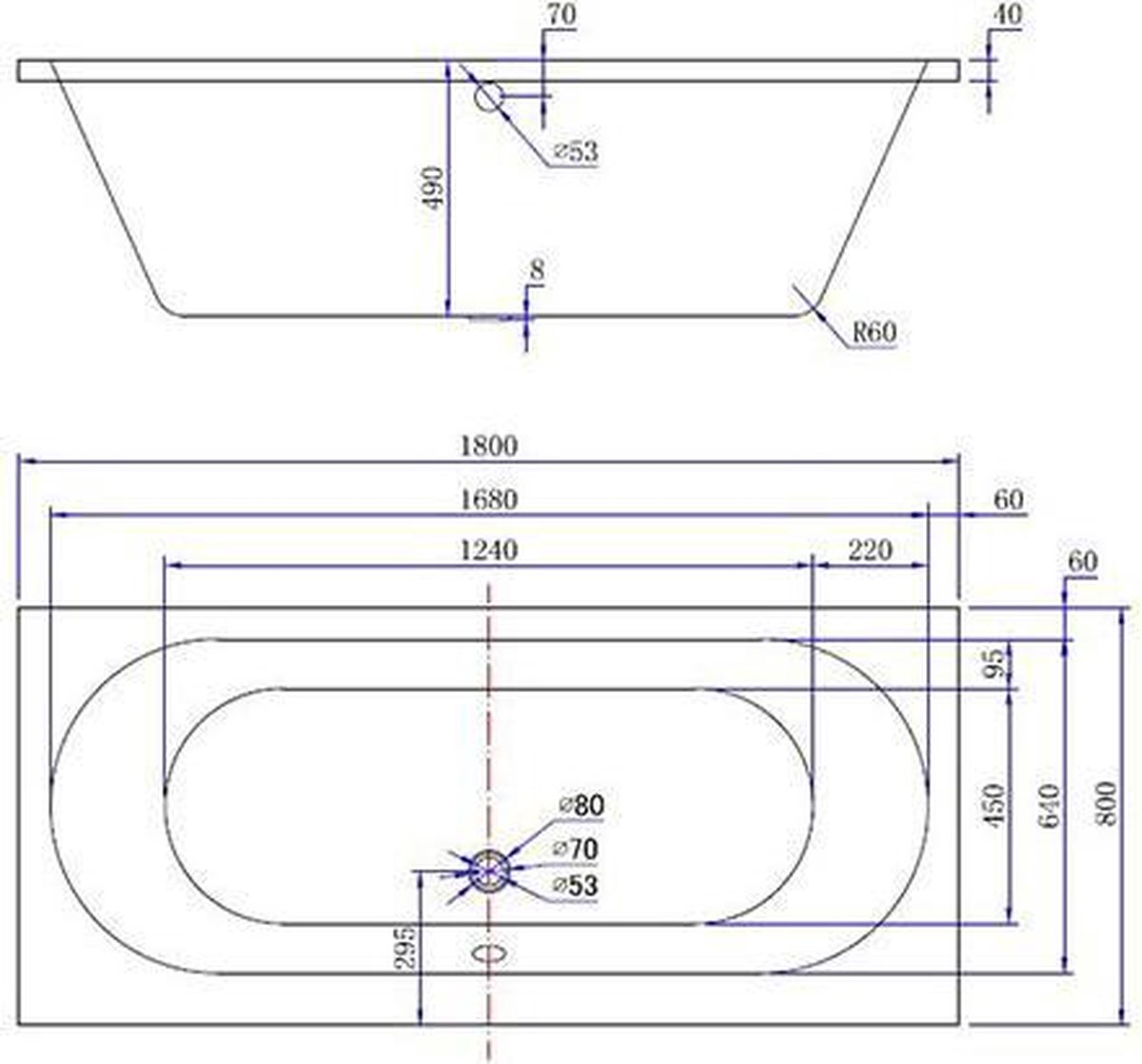 Xellanz Sanifun inbouw ligbad Delcine 180 x 80 x 49. - Wit