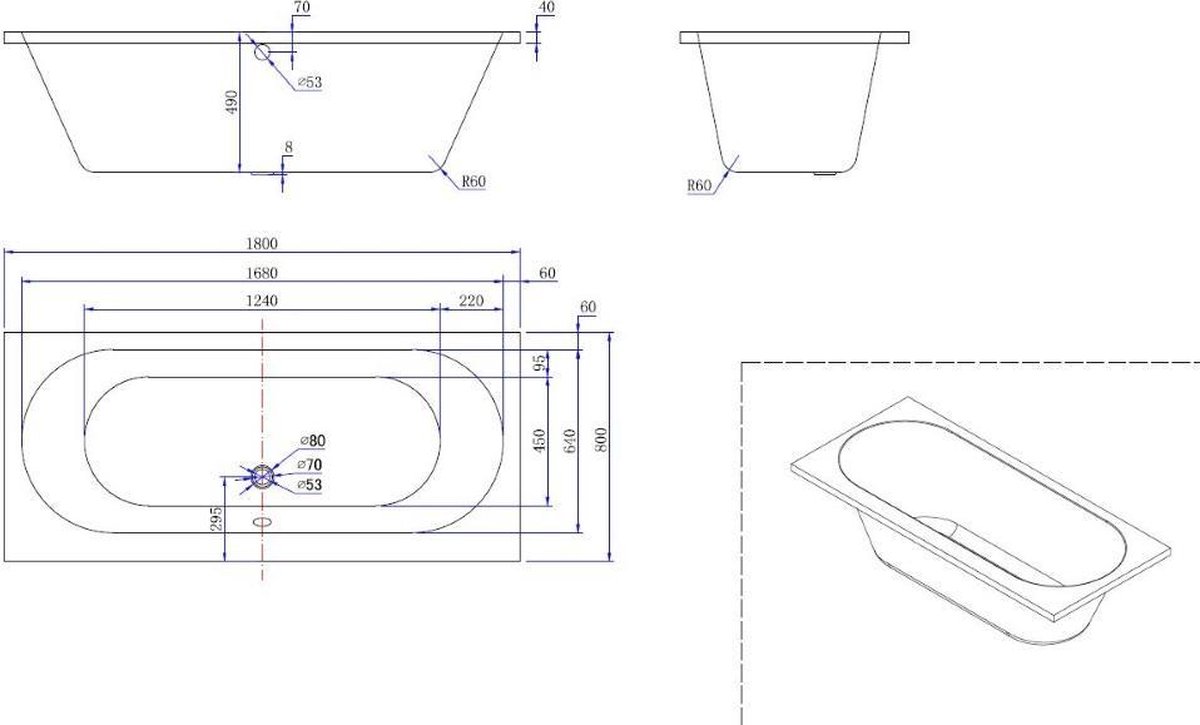 Xellanz Sanifun inbouw ligbad Delcine 180 x 80 x 49. - Wit