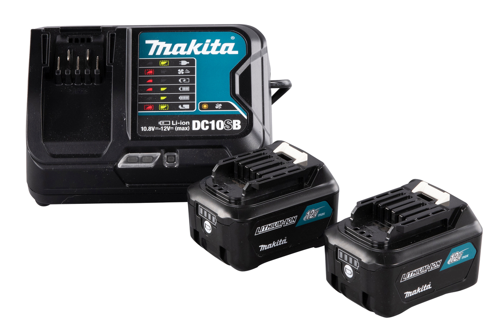 Makita Power source kit: DC10SB lader + 2x BL1041B 12v Max (10,8V) Li-Ion schuifaccu - 4,0Ah