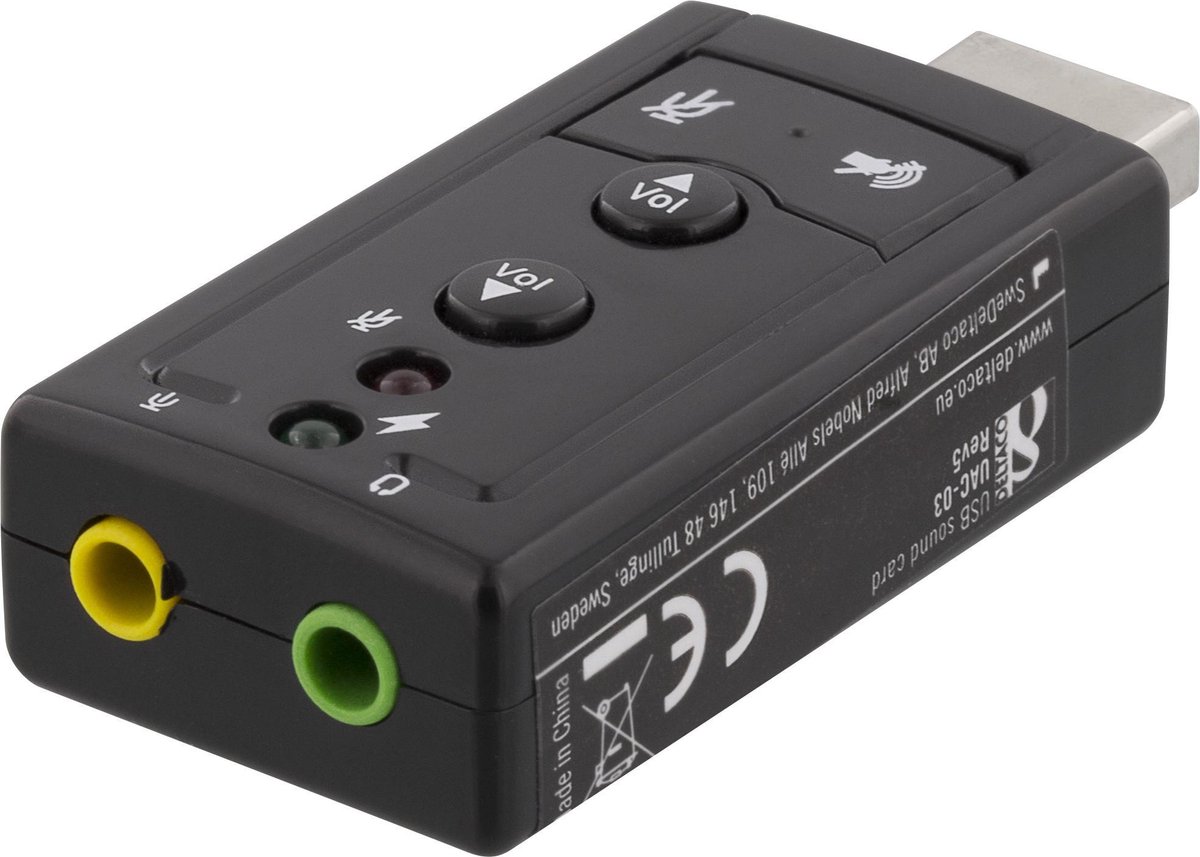 Deltaco UAC-03 USB Soundcard externe geluidskaart USB, 2 x 3.5 mm output, volume, mute zwart
