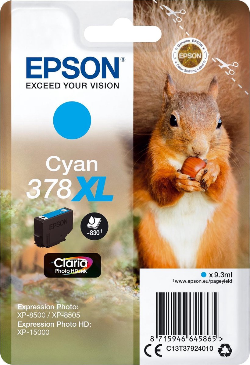 Epson Squirrel Singlepack Cyan 378XL Claria Photo HD Ink