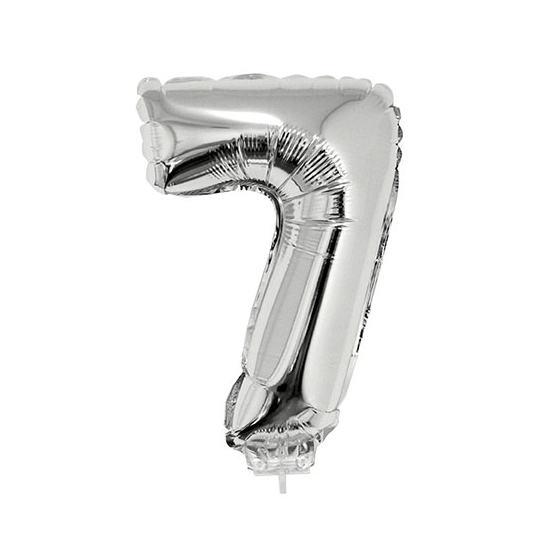 Zilveren opblaas cijfer ballon 7 op stokje 41 cm - Silver
