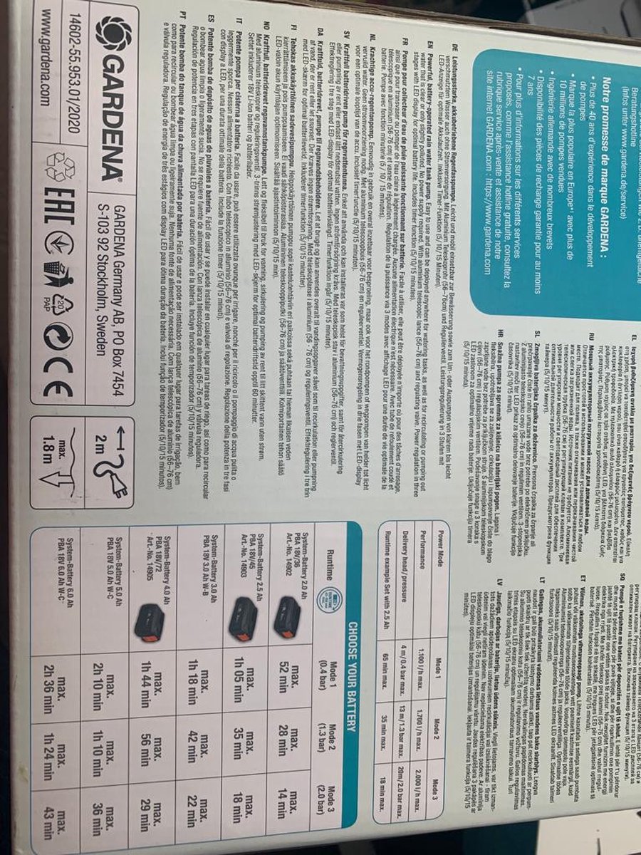 GARDENA Regentonpomp 2000/2 18V P4A solo (zonder accu)