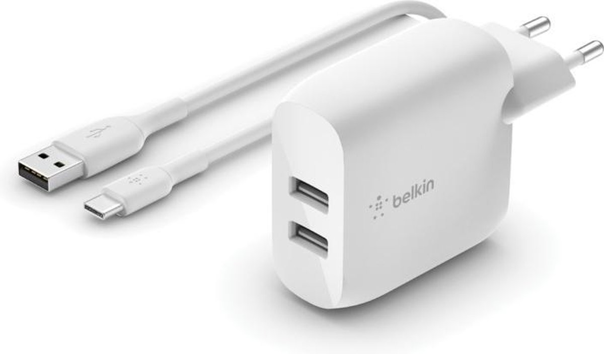 Belkin Oplader met 2 Usb A Poorten 12W + Usb C Kabel 1m Kunststof