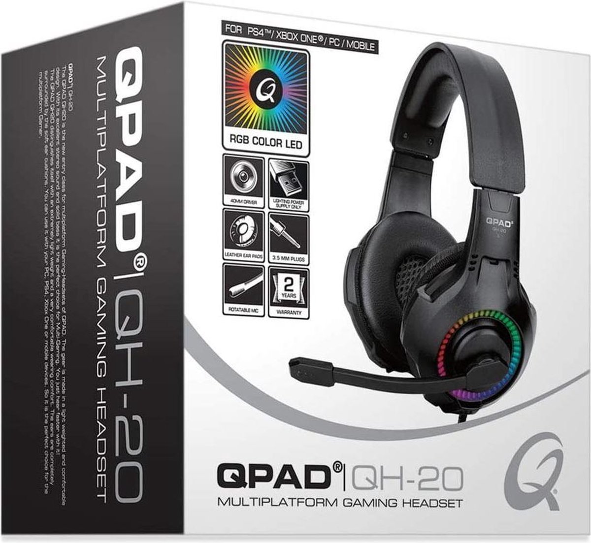 QPAD - QH-20 RGB Stereo Gaming Headset met 40mm speaker, Multiplatform, lichtgewicht ontwerp met verstelbare hoofdband, Rainbow LED-verlichting