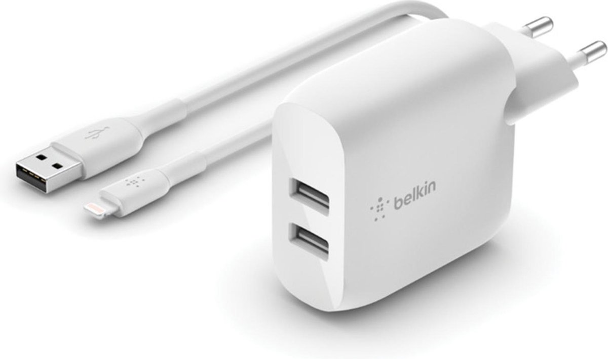 Belkin Dual Wall Charger 24 Watt met PVC USB-A-naar-Lightning-kabel 1 Meter - Wit