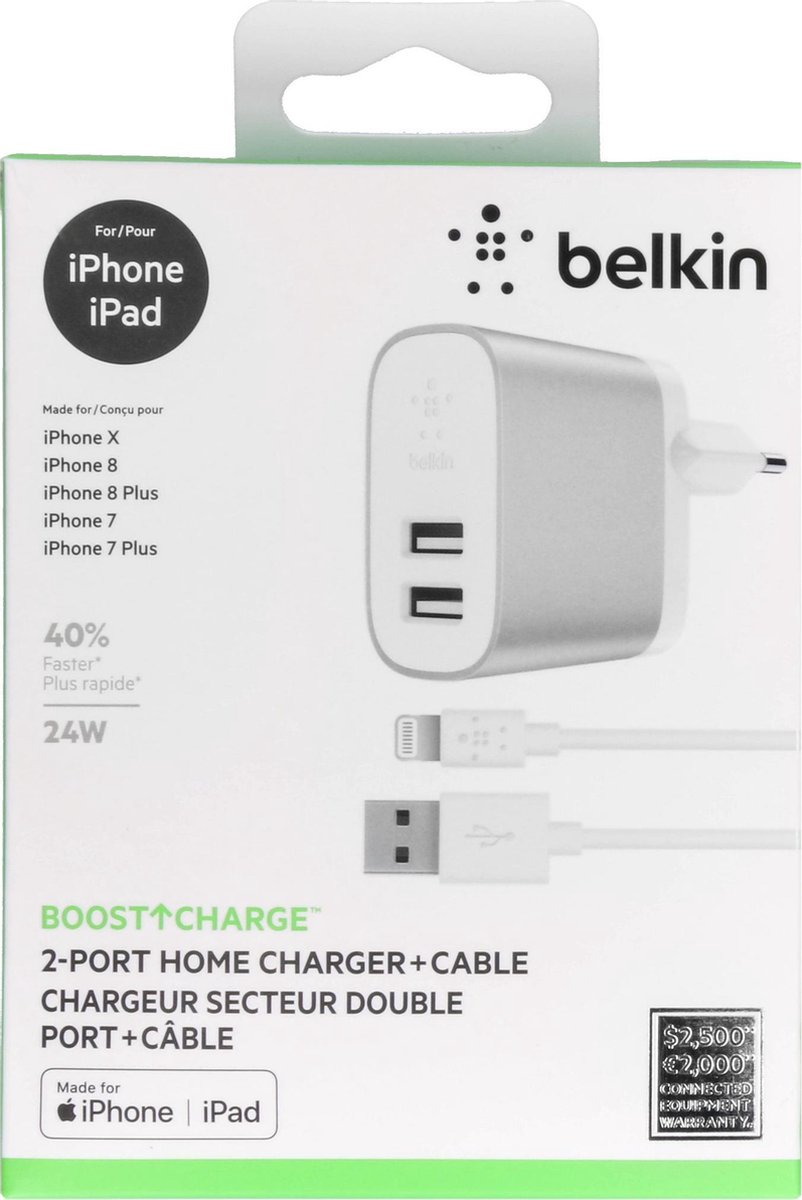 Belkin Dual Wall Charger 24 Watt met PVC USB-A-naar-Lightning-kabel 1 Meter - Wit