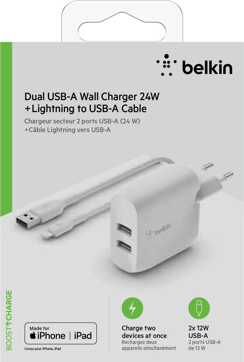 Belkin Dual Wall Charger 24 Watt met PVC USB-A-naar-Lightning-kabel 1 Meter - Wit
