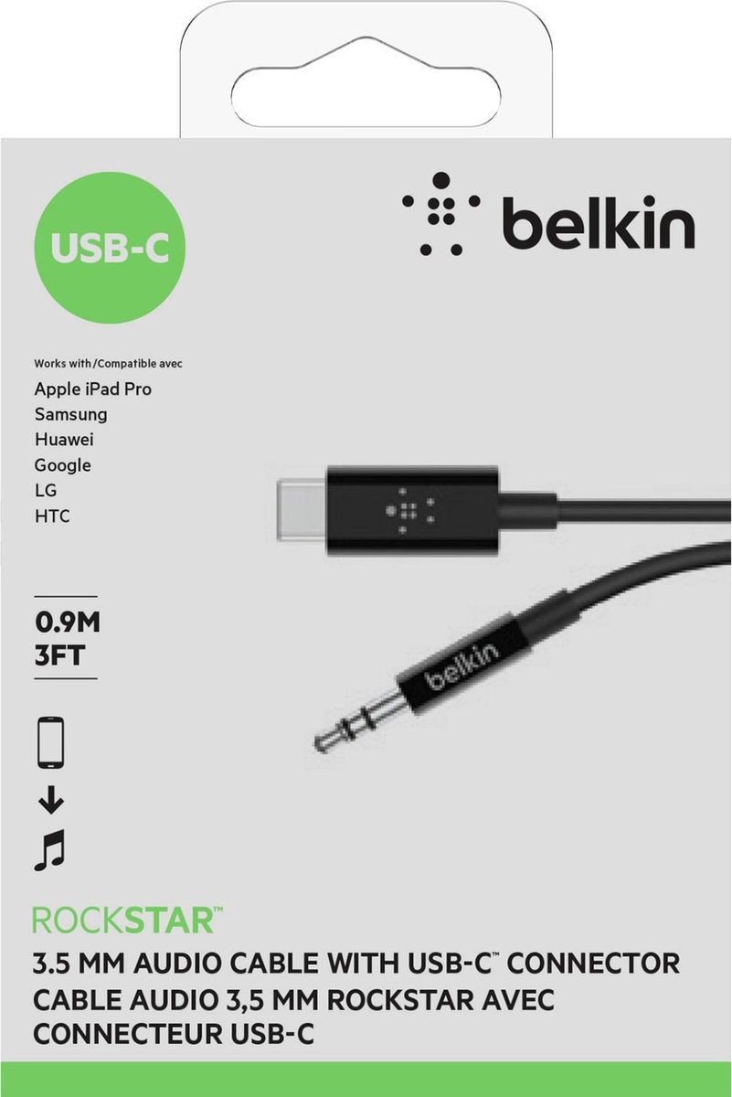 Belkin Rockstar Usb C naar 3,5mm Kabel Converter 0,9m - Zwart
