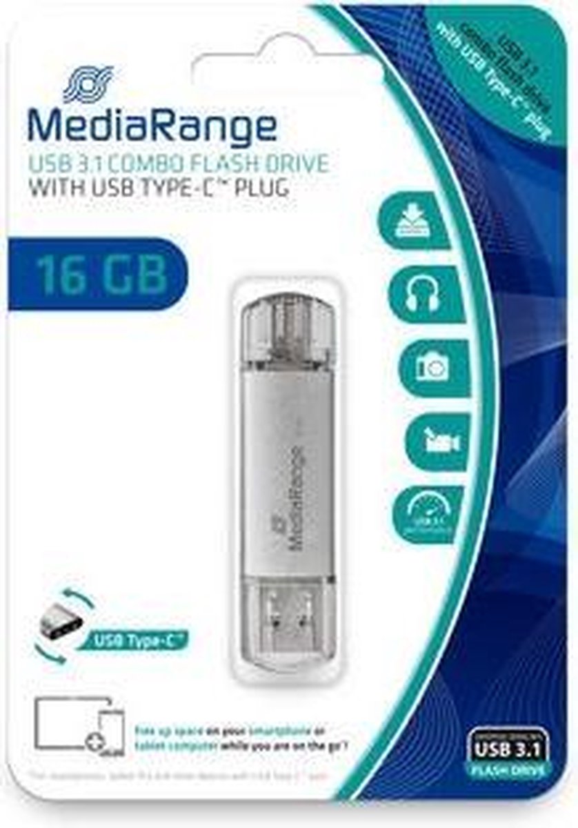 MediaRange MR935 USB flash drive 16 GB USB Type-A / USB Type-C 3.2 Gen 1 (3.1 Gen 1) Zilver - Plata