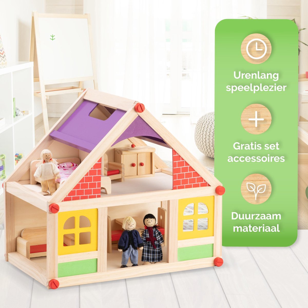 MaxiMondo Marionette Wooden Toys - Houten Poppenhuis Incl. Meubels En Poppetjes - 11-delig - Geel