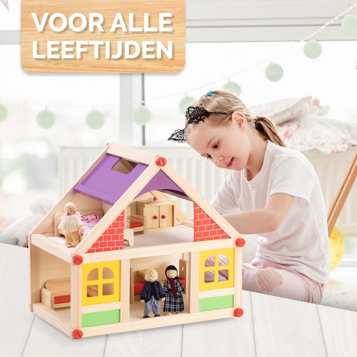 MaxiMondo Marionette Wooden Toys - Houten Poppenhuis Incl. Meubels En Poppetjes - 11-delig - Geel