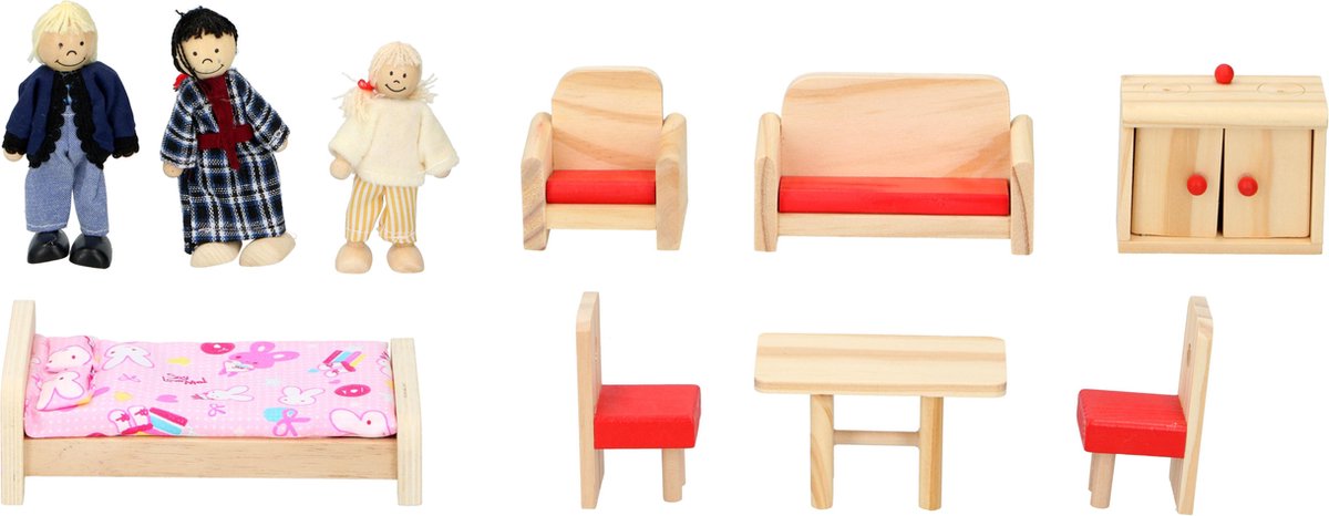 MaxiMondo Marionette Wooden Toys - Houten Poppenhuis Incl. Meubels En Poppetjes - 11-delig - Geel