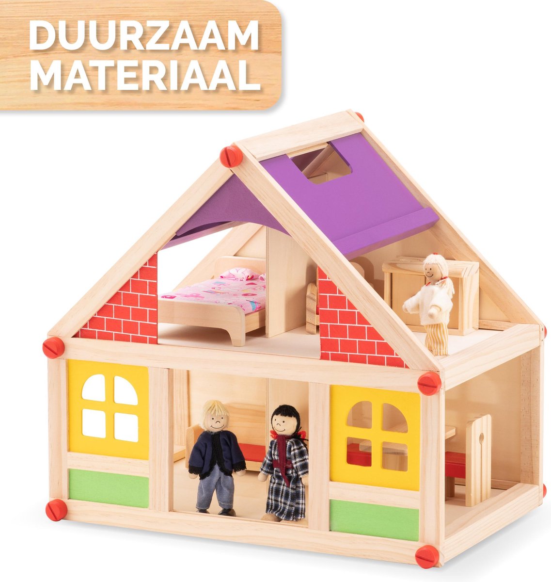 MaxiMondo Marionette Wooden Toys - Houten Poppenhuis Incl. Meubels En Poppetjes - 11-delig - Geel