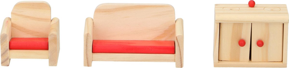 MaxiMondo Marionette Wooden Toys - Houten Poppenhuis Incl. Meubels En Poppetjes - 11-delig - Geel