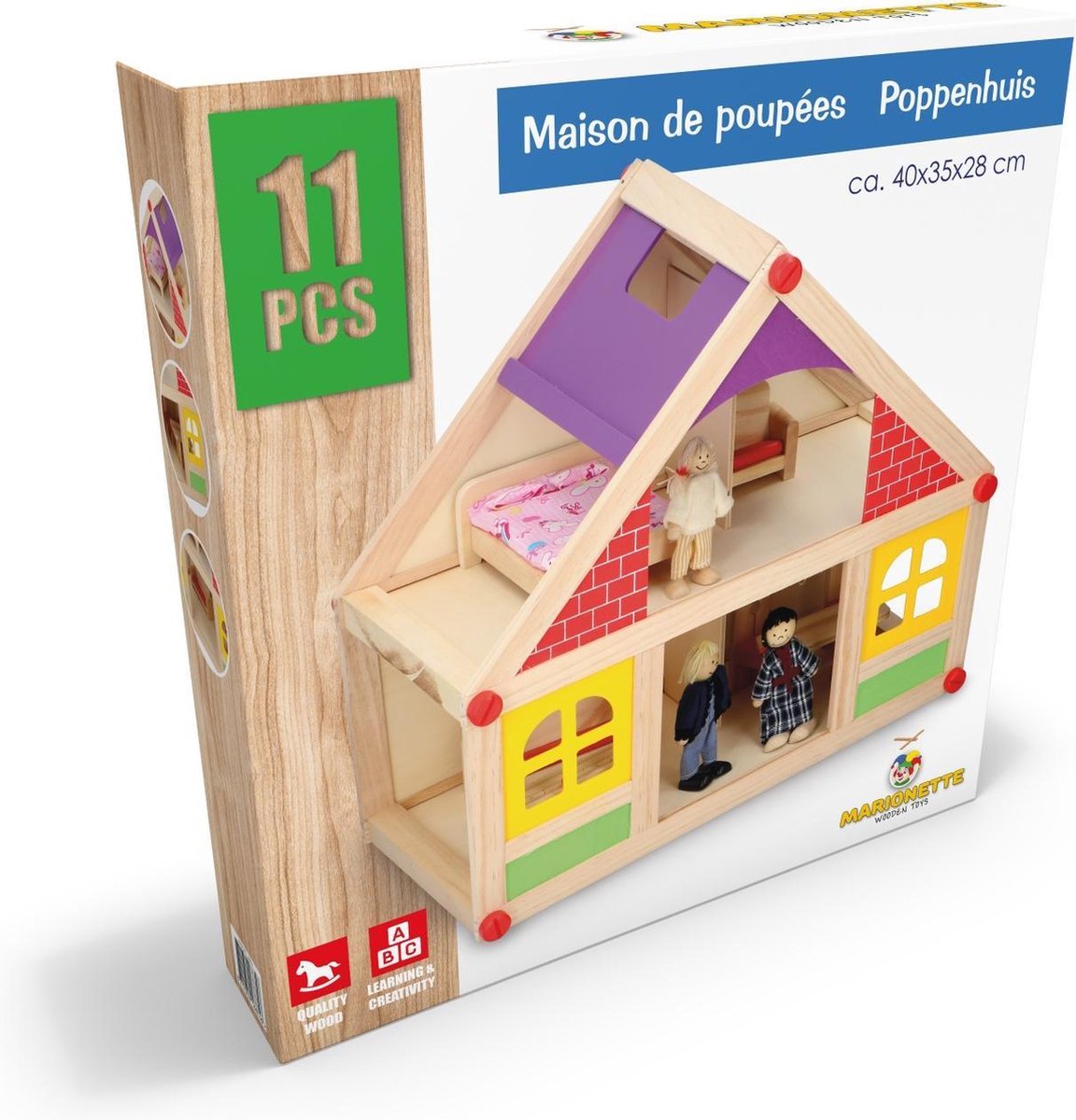 MaxiMondo Marionette Wooden Toys - Houten Poppenhuis Incl. Meubels En Poppetjes - 11-delig - Geel