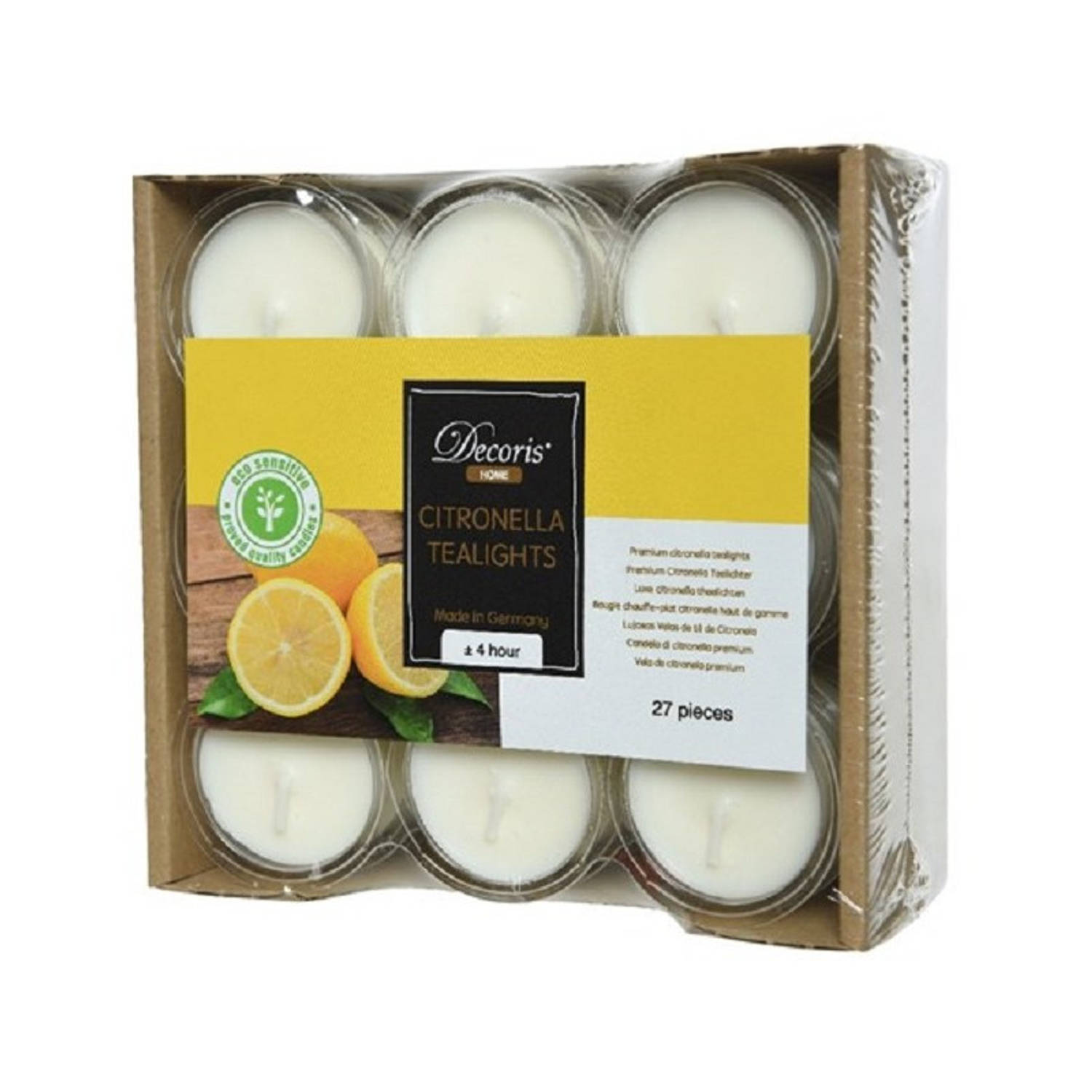 Decoris 27x Geurkaarsen Citronella Tegen Muggen 4 Branduren - Geurkaarsen Citrus Geur - Anti-muggen Citronella - Geel