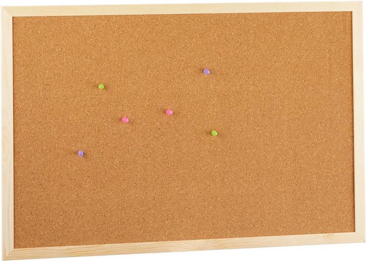 Prikbord/memobord Naturel Kurk Inclusief 40 Gekleurde Punaises 60 X 40 Cm - Beige