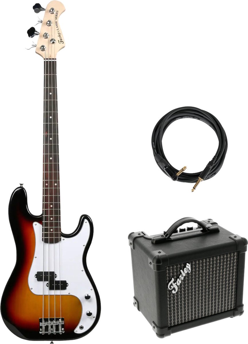 Fazley FPB118 Sunburst elektrische basgitaar + versterker + kabel