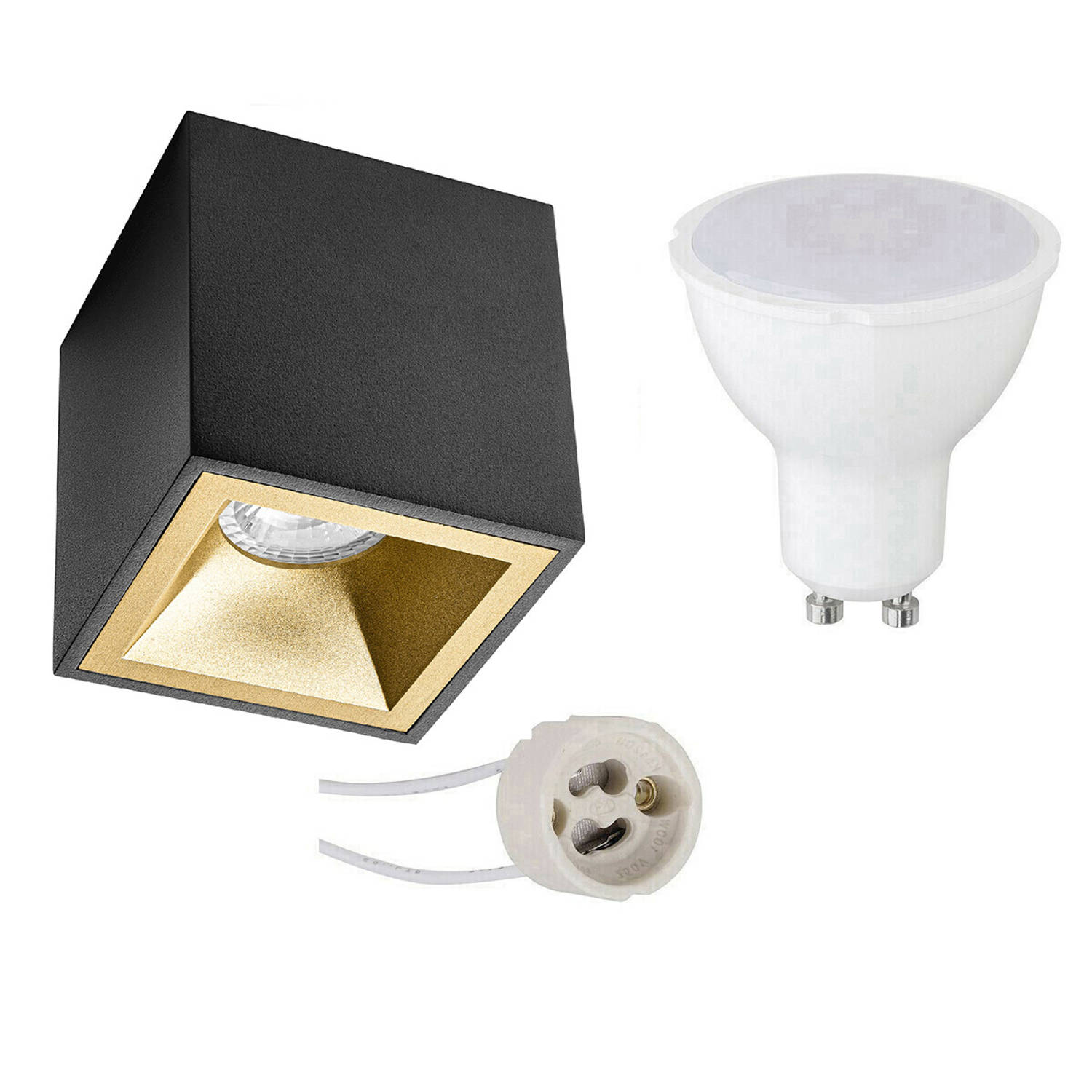 BES LED Opbouwspot Set - Pragmi Cliron Pro - Gu10 Fitting - Opbouw Vierkant - Mat/goud - 4w - Warm Wit 3000k - Verdiept - - Zwart