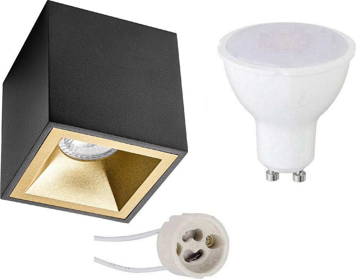 BES LED Opbouwspot Set - Pragmi Cliron Pro - Gu10 Fitting - Opbouw Vierkant - Mat/goud - 4w - Natuurlijk Wit 4200k - - Zwart