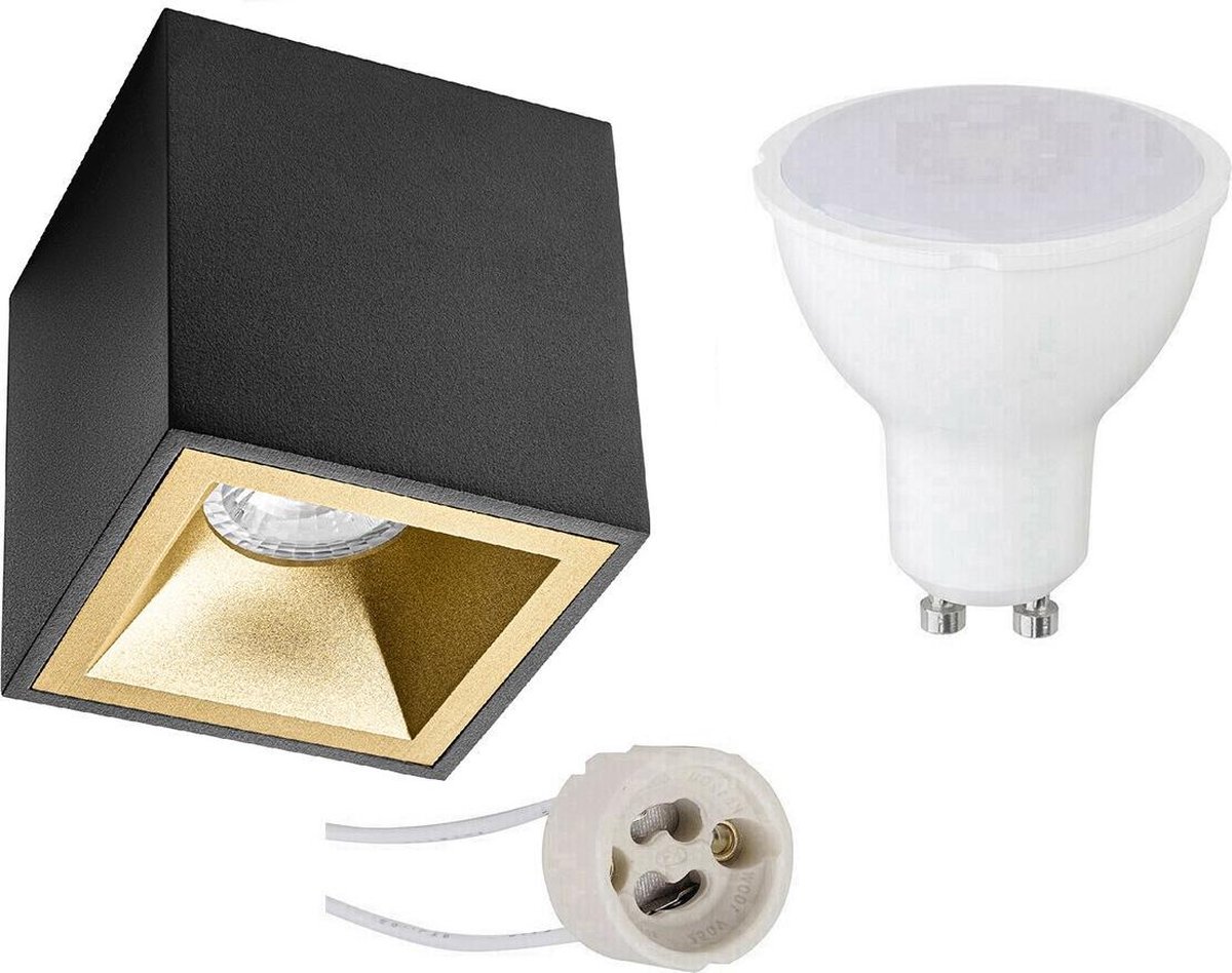 BES LED Opbouwspot Set - Pragmi Cliron Pro - Gu10 Fitting - Opbouw Vierkant - Mat/goud - 4w - Helder/koud Wit 6400k - - Zwart