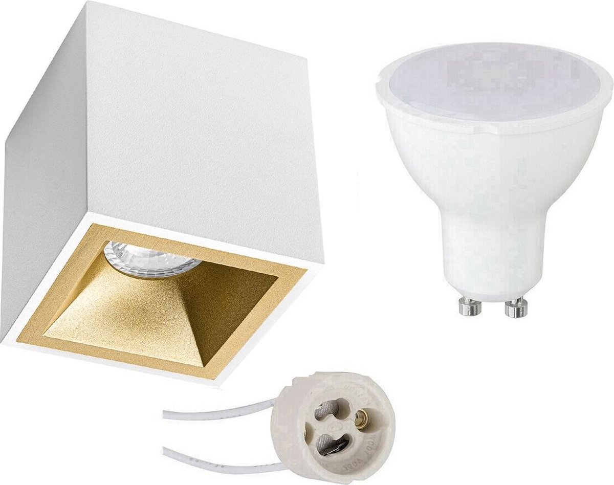 BES LED Opbouwspot Set - Pragmi Cliron Pro - Gu10 Fitting - Opbouw Vierkant - Mat/goud - 4w - Helder/koud 6400k - - Wit