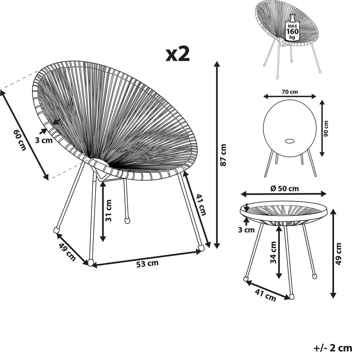 Beliani Acapulco Ii Balkonset Pe Rotan 70 X 70 Cm - Geel