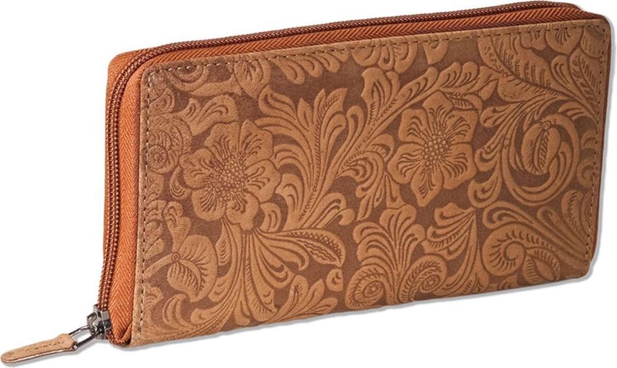 Woodland Dames Portemonnee Met Rits Rondom - Stijlvolle Bloemenprint - Echt Leer - Cognac - Bruin