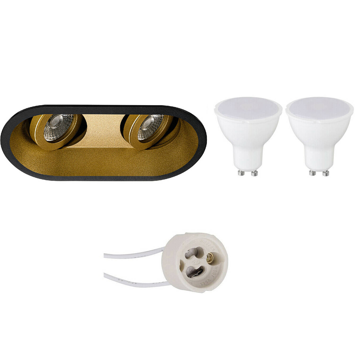 BES LED Led Spot Set - Pragmi Zano Pro - Gu10 Fitting - Inbouw Ovaal Dubbel - Mat/goud - 4w - Warm Wit 3000k - Kantelbaar - Zwart