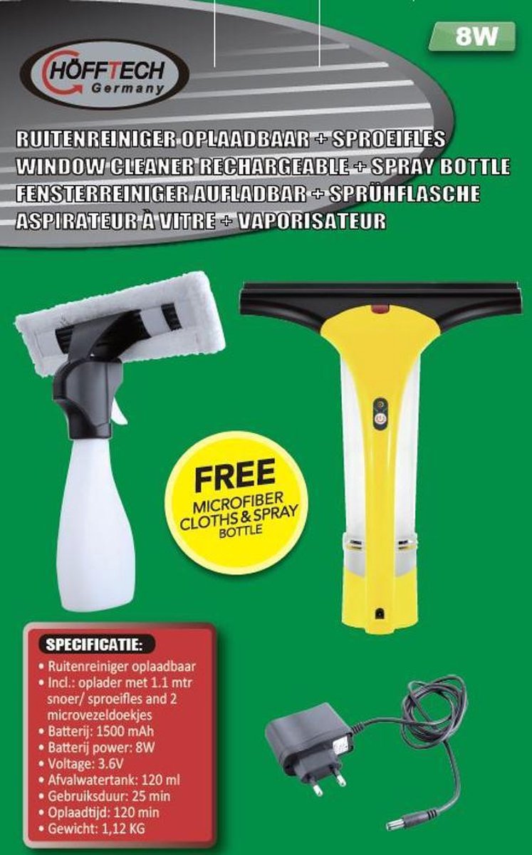Hofftech Ruitenreiniger Oplaadbaar + Sproeifles - 8w - - Geel