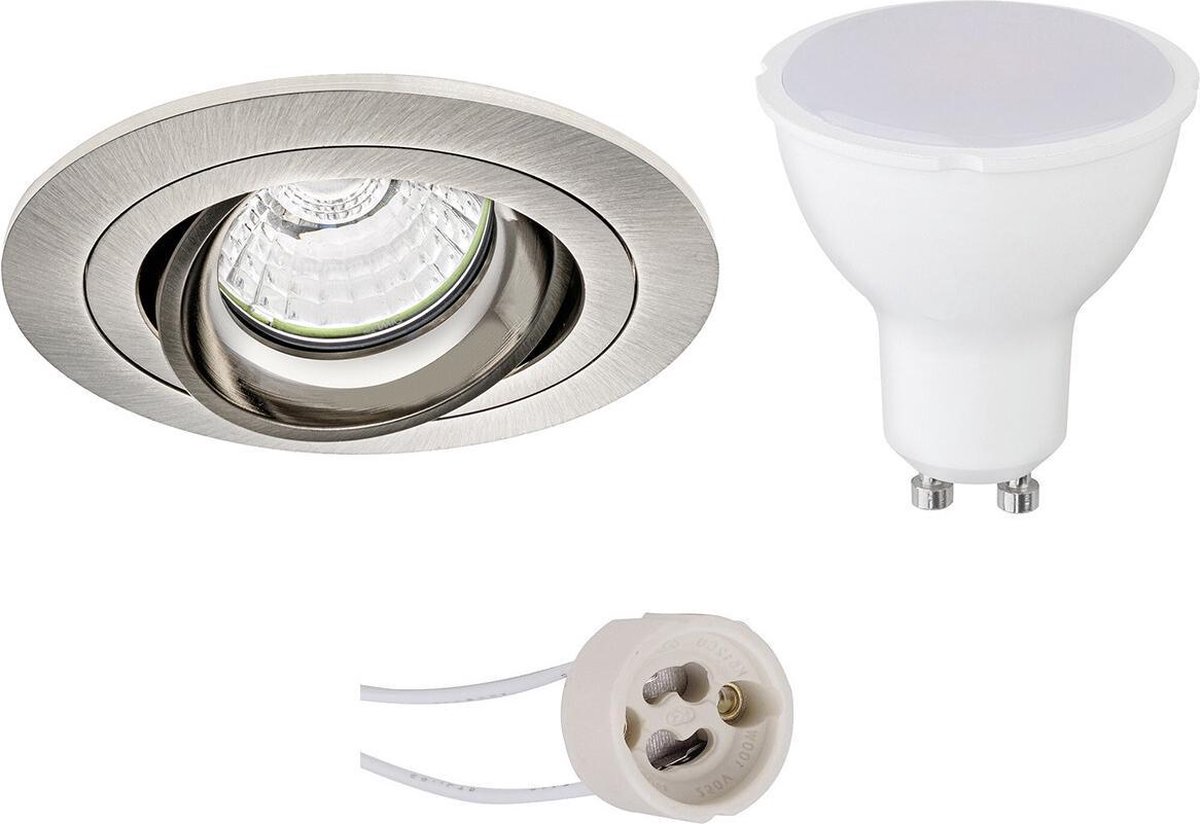 BES LED Led Spot Set - Pragmi Alpin Pro - Gu10 Fitting - Inbouw Rond - Mat Nikkel - 4w - Warm 3000k - Kantelbaar - Ø92mm - Wit