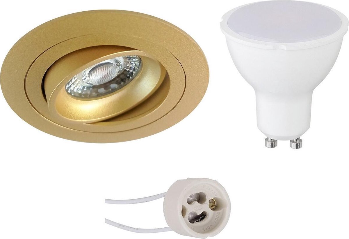 BES LED Led Spot Set - Pragmi Alpin Pro - Gu10 Fitting - Inbouw Rond - Mat Goud - 4w - Helder/koud Wit 6400k - Kantelbaar - - Paars