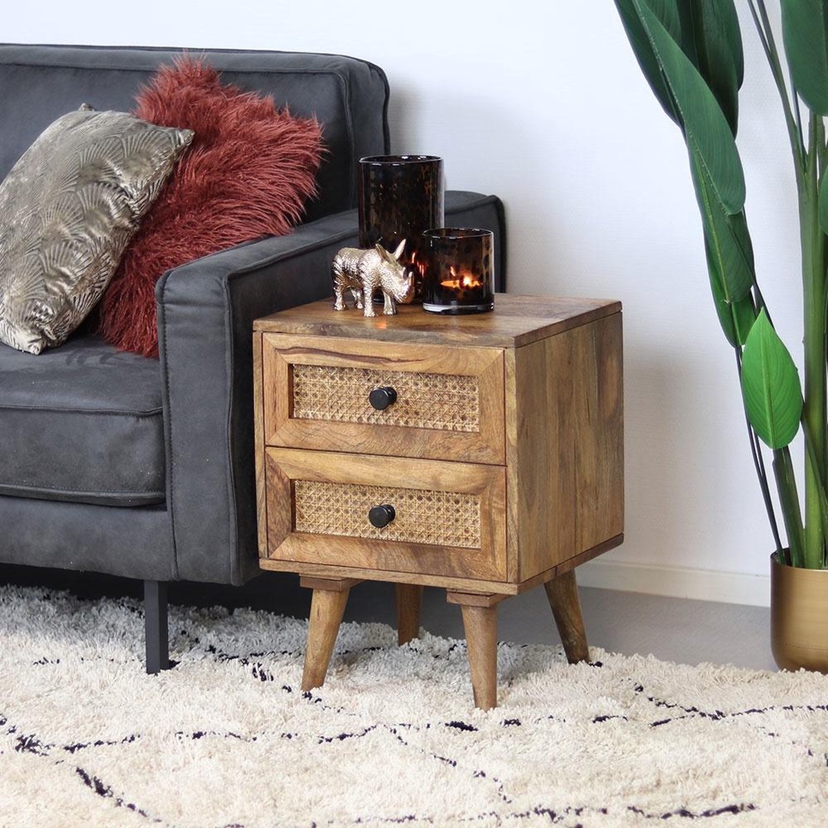 Bronx71 Nachtkastje Roto 2 Lades Mangohout Rotan