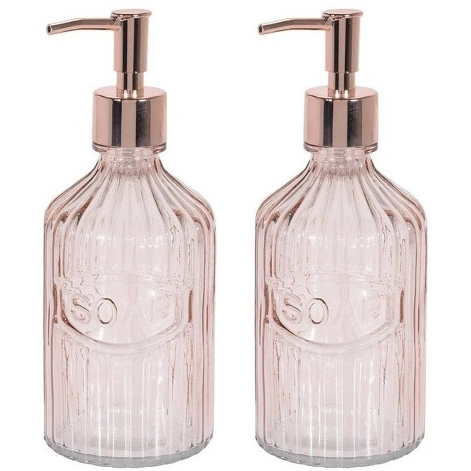 2x Oud Zeeppompjes Van Glas 21 Cm - Badkamer/toilet Accessoires - Zeeppompjes/zeepdispensers - Roze