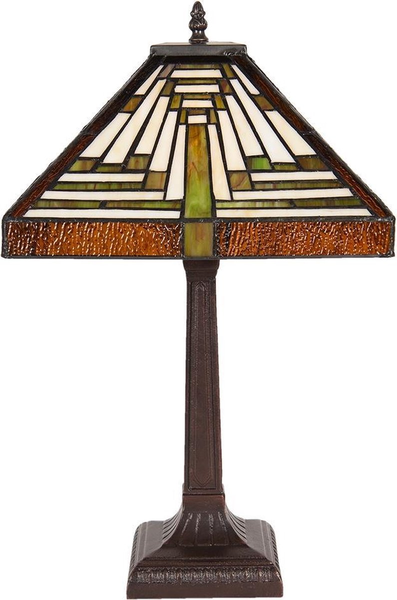 Clayre & Eef Tafellamp Tiffany - 31*31*43 Cm E27/max 2*60w - Multi - Glas In Lood - Art Deco - Lumilamp - 5ll-6078 - Beige