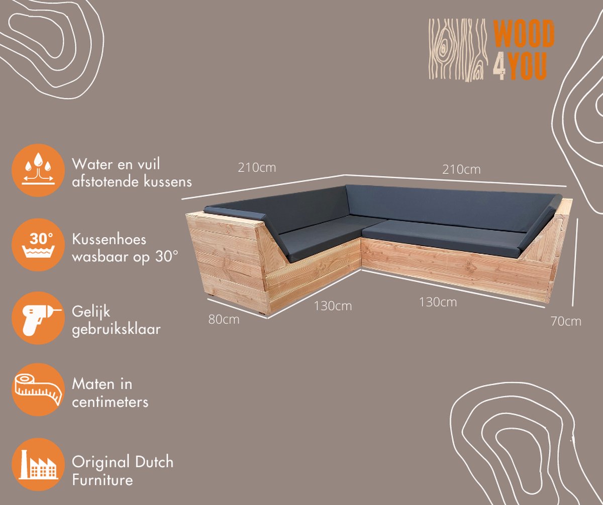 Wood4you - Loungeset 6 Douglashout 210x210 Cm - Incl Strakke Kussens - Bruin